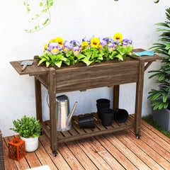 Wood Raised Planter Box, Elevated Garden Bed with Lockable Wheels, Side Tables, Bottom Shelf, Drain Holes, Carbonized