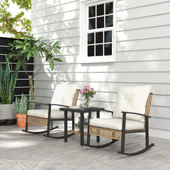 3 Pieces Bistro Set, Patio Wicker Furniture Set with Button Tufted Cushions, Rattan Rocking Chairs, Coffee Table, White