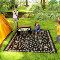 Reversible Outdoor Rug, Waterproof Plastic Straw with Carry Bag, 9' x 12', Black & Beige Rhombus