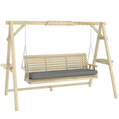 3 Seat Wooden Porch Swing with Stand, Patio Swing with Cushion, for Garden, Poolside, Backyard, Natural Wood