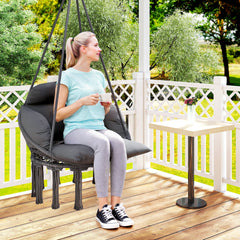 Hammock Swing Chair, Macrame Hanging Chair with Large Cushion, Chain, Steel Frame for Indoor Outdoor Use, Dark Gray