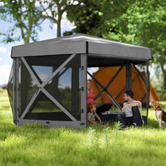 12' x 12' Hexagonal Pop Up Gazebo Canopy Tent with 5 Sidewalls, Outdoor Canopy Shelter with Carry Bag, Dark Gray
