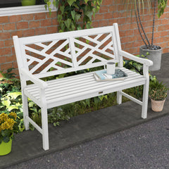 Outdoor Garden Bench, Wooden Frame Patio Bench with Geometric Pattern, 43.25 Inch Weatherproof 2-Person Love Seat for Garden, Lawn, Porch, Yard, Work Entryway, White