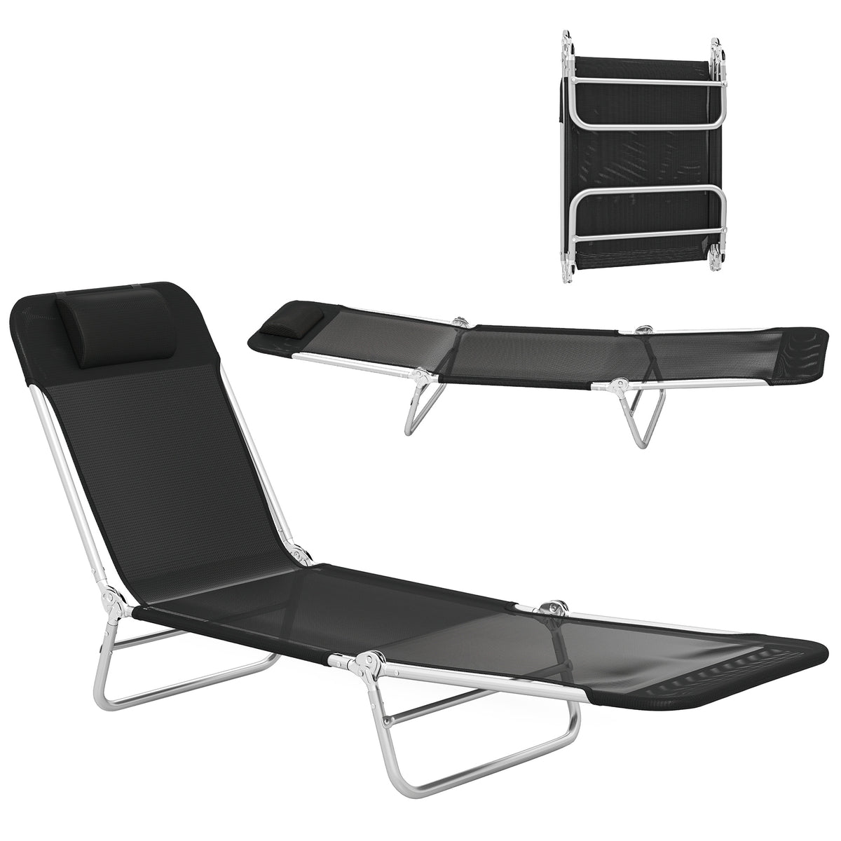 Folding Chaise Lounge Chair, Portable Tanning Chair with Adjustable Backrest, Pillow for Beach Poolside Patio, Black