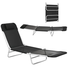 Folding Chaise Lounge Chair, Portable Tanning Chair with Adjustable Backrest, Pillow for Beach Poolside Patio, Black