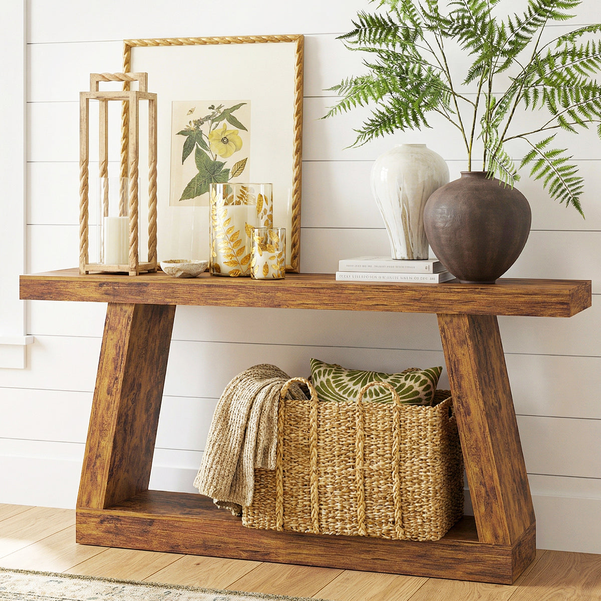 55" Farmhouse Console Table, 2-Tier Entryway Table with Storage for Hallway, Living Room, Behind Couch, Rustic Brown