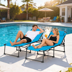 2 Piece Folding Chaise Lounge Pool Chairs with 5-level Reclining Back, Reading Hole, Side Pocket, Blue