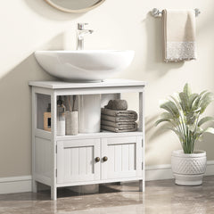 Pedestal Sink Storage Cabinet, Bathroom Under Sink Cabinet with 2 Doors and Open Shelf, Bathroom Vanity, White