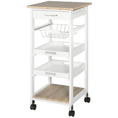 Mobile Kitchen Cart, Rolling Kitchen Island with Storage, Solid Wood Frame Utility Cart with Wire Fruit Baskets, Trays and Drawer, White
