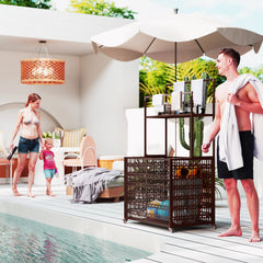 Wicker Pool Float Storage Organizer, PE Rattan Pool Float Holder with Basket Shelf Towel Bars, Rolling Pool Caddy for Floaties, Noodles, Life Vests, Beach Balls, Brown