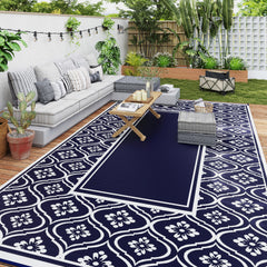 Reversible Outdoor Rug, Waterproof Plastic Straw with Carry Bag, 9' x 18', Blue & White Gourd Border