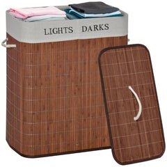 Bamboo Laundry Basket with Lid and String Handles, Collapsible Laundry Hamper with 2 Removable Bags, Brown