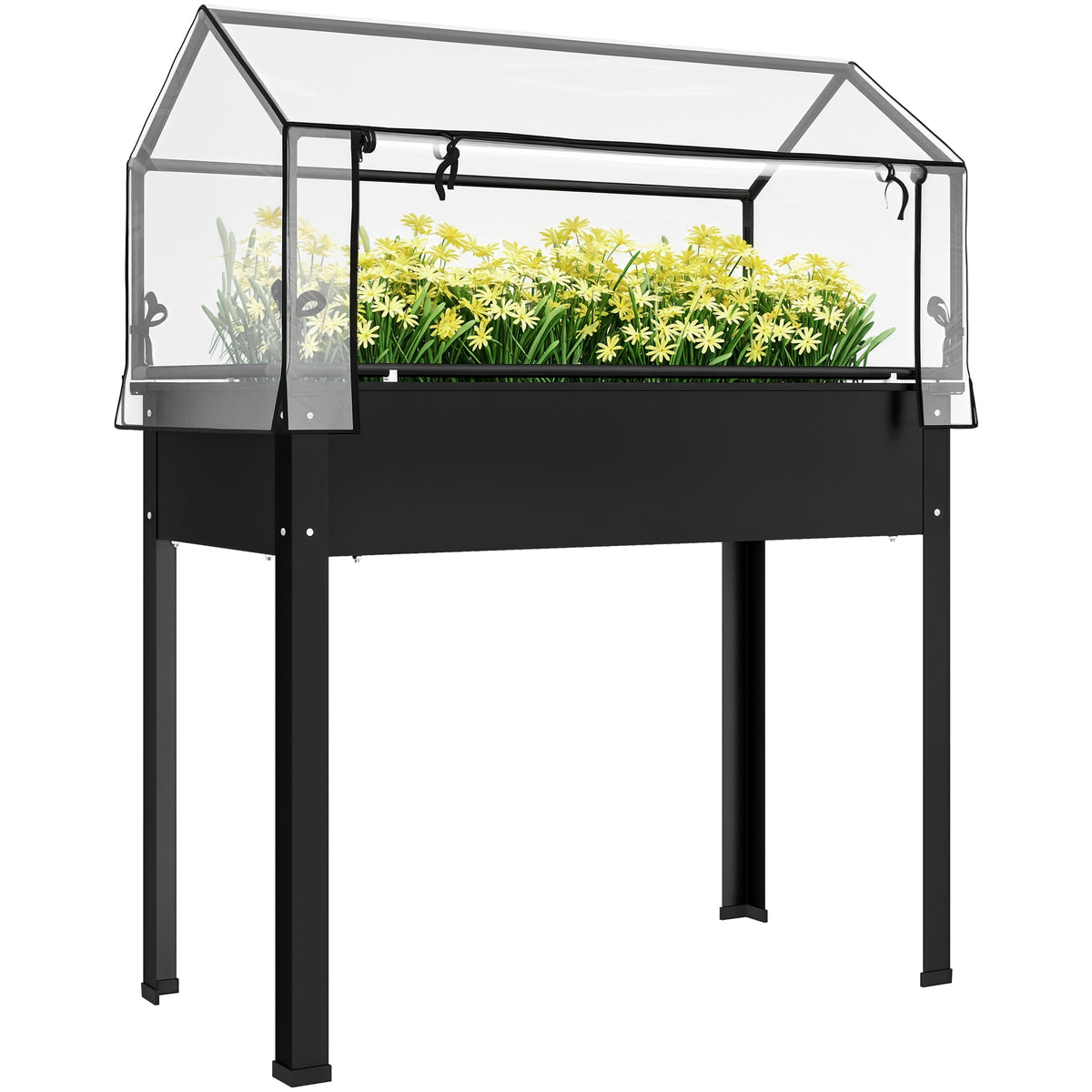 Elevated Garden Box with Greenhouse Cover, Raised Garden Bed with Legs and Drainage Hole for Vegetables, Black