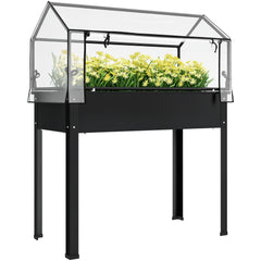 Elevated Garden Box with Greenhouse Cover, Raised Garden Bed with Legs and Drainage Hole for Vegetables, Black