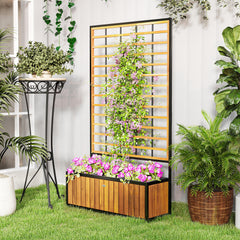 Wooden Raised Garden Bed with Trellis, Removable Pots for Backyard, Patio, Balcony, 29" x 11" x 52", Teak