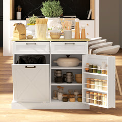 10 Gallon Farmhouse Kitchen Cabinet with Hidden Trash Can and 2 Drawers, Tilt Out Trash Can Cabinet for Kitchen, White