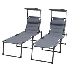 2 Pcs Outdoor Lounge Chair, 4 Position Adjustable Backrest, Folding, Cushioned w/ Sun Shade Roof & Pillow, Gray