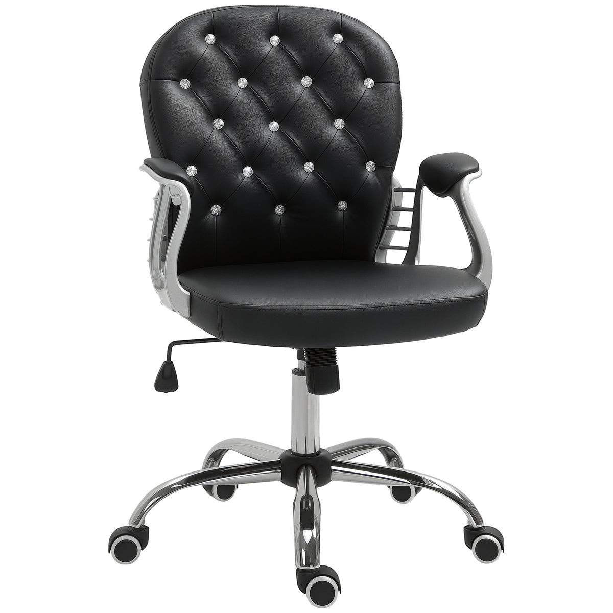 PU Leather Home Office Chair, Button Tufted Desk Chair with Padded Armrests, Adjustable Height and Swivel Wheels, Black