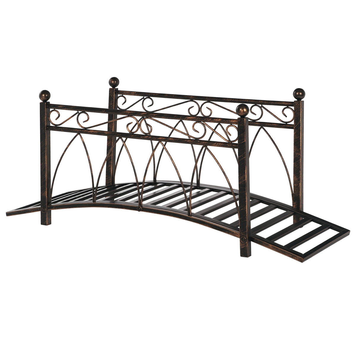 3.3' Metal Arch Zen Garden Bridge with Safety Siderails, Decorative Footbridge, Delicate Scrollwork & Corner Spheres for Stream, Fish Pond, Bronze