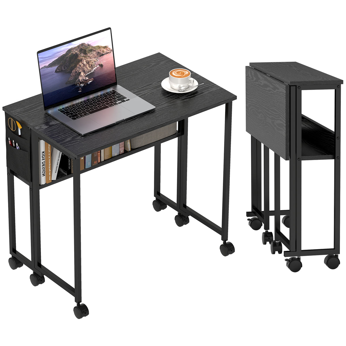 Folding Computer Desk, Foldable Desk with Storage Bag, Shelf and Wheels for Small Spaces, Home Office, Black