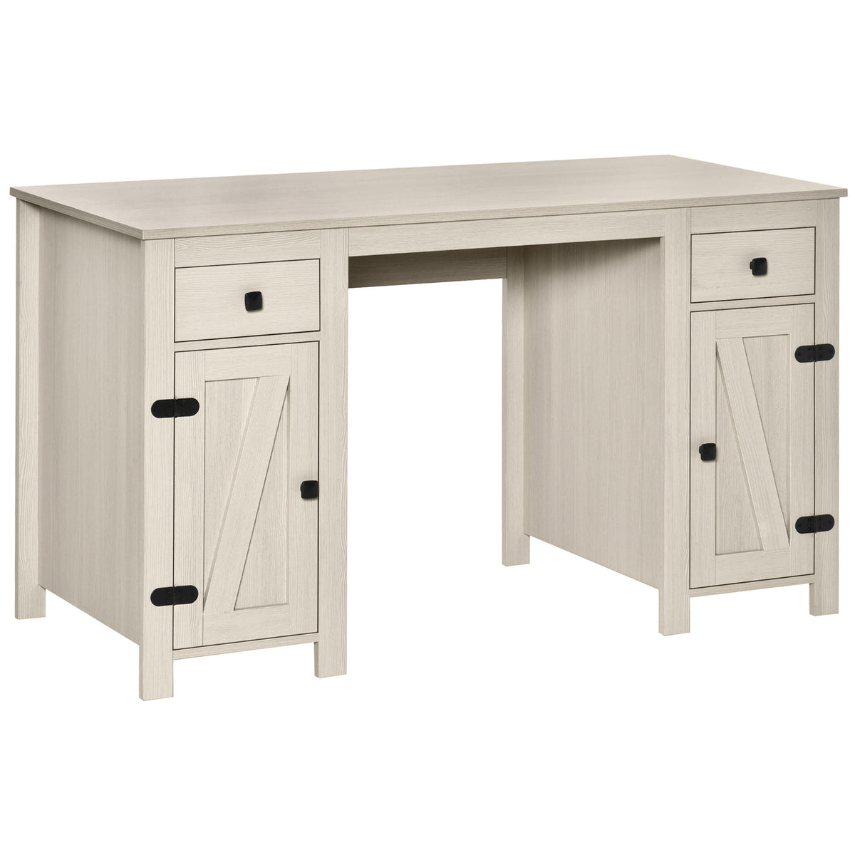 Farmhouse Computer Desk with Storage, Home Office Desk with 2 Drawers and 2 Cabinets, Cream White