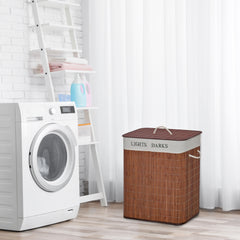 Bamboo Laundry Basket with Lid and String Handles, Collapsible Laundry Hamper with 2 Removable Bags, Brown