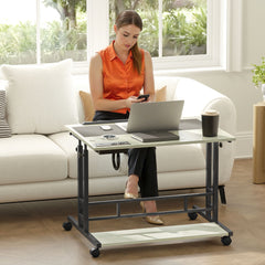 Adjustable Standing Desk with Power Outlets, Stand Up Desk with Tiltable Tabletop, Wheels, Shelf, for Home Office, Oak