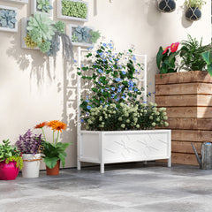 Outdoor Planter Box Galvanized Raised Garden Bed with Trellis for Climbing Vines, 35.4" x 15.7" x 47.2", White