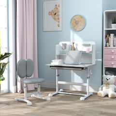 Height Adjustable Kids Desk and Chair Set for Writing Drawing w/ Tilt Desktop, Storage Drawer and Reading Rack, Gray