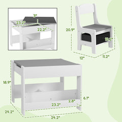 3pc Kids Table and Chair Set with Reversible Tabletop Blackboard, Storage & Bookshelves, Gray