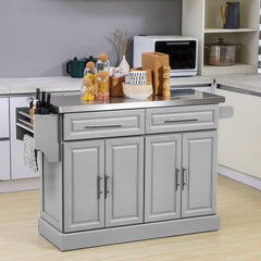 Rolling Kitchen Island Cart with 47" Stainless Steel Top, Portable Island Table for Kitchen with Wheels, Adjustable Shelves, 2 Drawers, Spice, Knife and Towel Rack, Gray