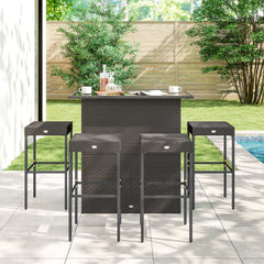 5 Piece Rattan Wicker Bar Set, High Top Outdoor Table and Chairs, Bar Height Patio Set, 2 Shelves & 4 Bar Stools, Brown