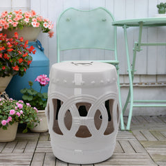 14" x 17" Ceramic Garden Stool with Double-Coin Knotted Ring Design & Strong Glazed Material, Decorative Outdoor Stool, Home Collection, White