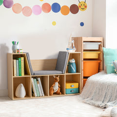 6-Cubby Kids Bookcase with Reading Nook and Cushion, Multi-Purpose Storage Organizer for Bedroom, Living Room, Natural