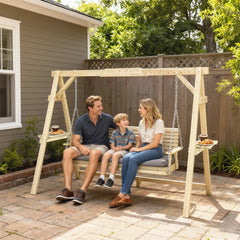 3 Seat Wooden Porch Swing with Stand, Patio Swing with Cushion, for Garden, Poolside, Backyard, Natural Wood