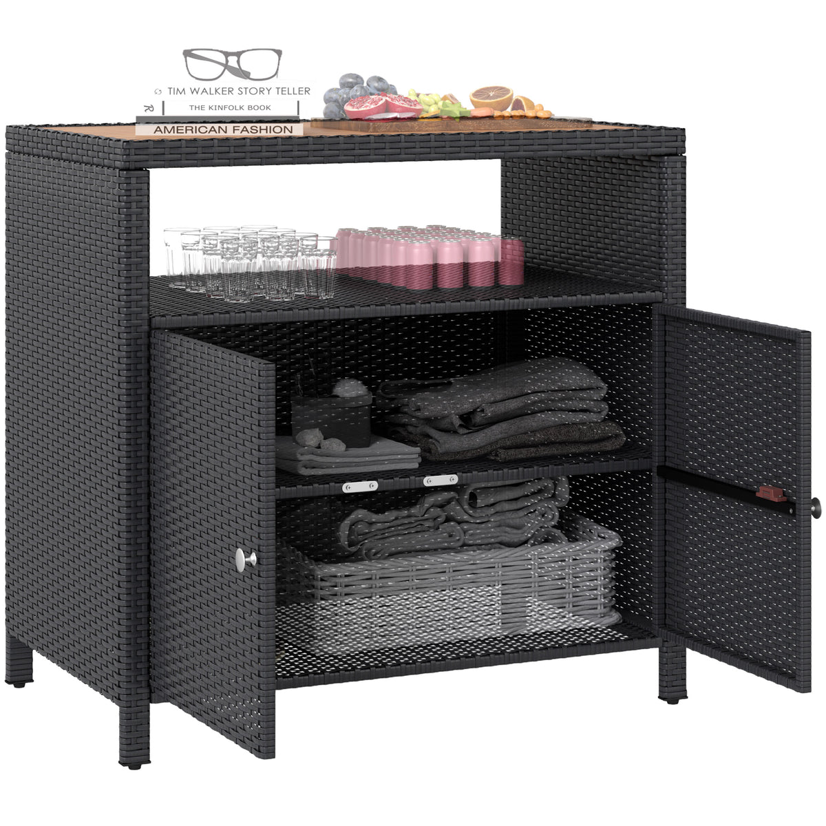 Outdoor Storage Cabinet with Acacia Wood Top, Two Doors, Shelf, Wicker Bar Table for Pool Towel Storage, Black