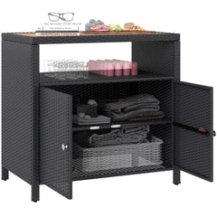 Outdoor Storage Cabinet with Acacia Wood Top, Two Doors, Shelf, Wicker Bar Table for Pool Towel Storage, Black
