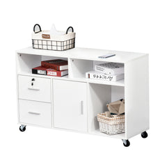 Printer Stand Home Office Mobile Storage Cabinet Organizer Desktop with Caster Wheels, 2 Locking Breaks and Drawer, White