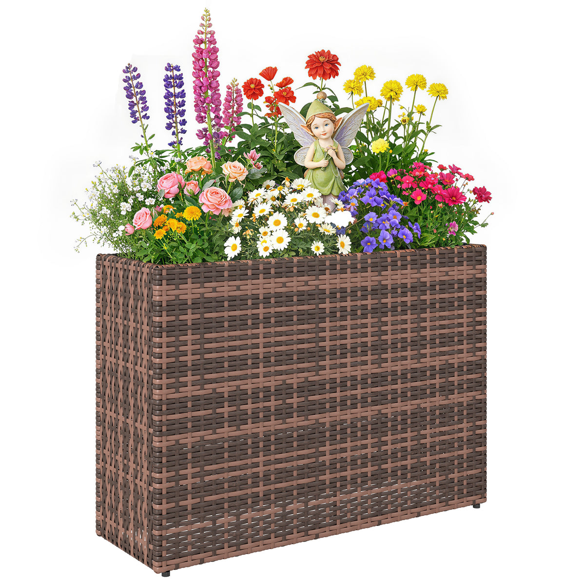 Tall Rectangular Planter with Removable Liner, Holes, PE Wicker Large Planter Box for Indoor Outdoor Plants, Brown
