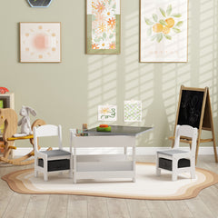 3pc Kids Table and Chair Set with Reversible Tabletop Blackboard, Storage & Bookshelves, Gray
