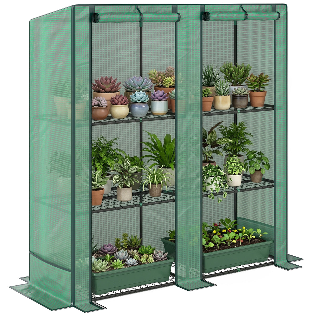 Lean-to Greenhouse with 3 Tier Shelves, Portable Greenhouse with PE Cover, 2 Roll-Up Doors, 56.7" x 18.9" x 59.8", Green