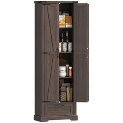 71" Pantry Cabinet, Kitchen Storage Cabinet with Adjustable Shelves, Barn Doors and Drawer for Dining Room, Brown