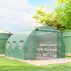 10'x11'x6' Walk-in Tunnel Greenhouse with Shelves, Mesh Door and Windows, Hoop House Greenhouse with PE Cover, Green