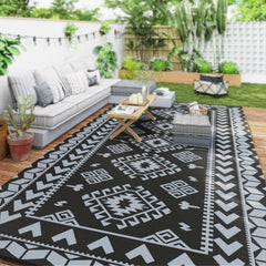 Reversible Outdoor Rug, Waterproof Plastic Straw with Carry Bag, 9' x 18', Black & Gray Rhombus Patchwork