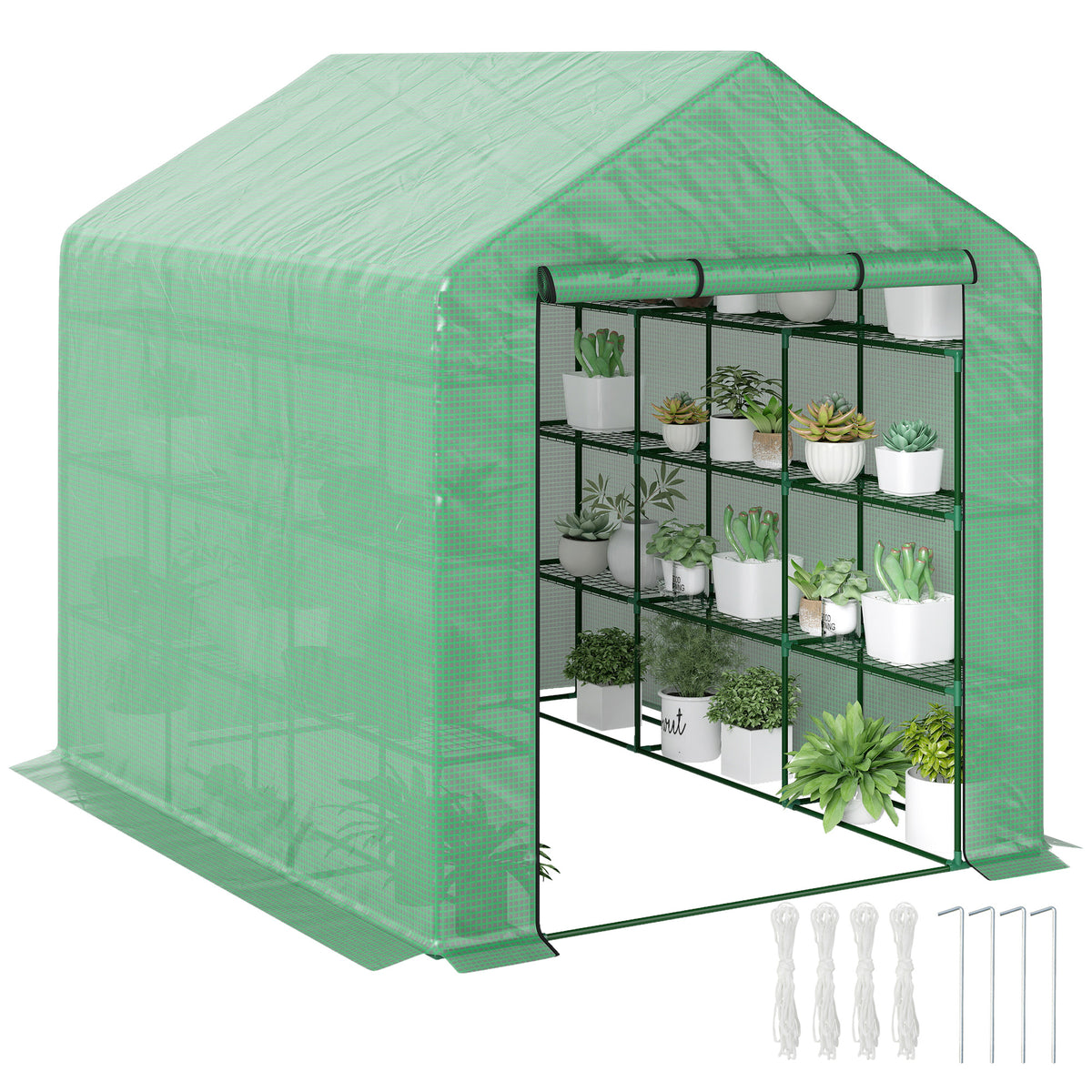Outdoor Walk-in Greenhouse with Roll-up Zipper Door, 18 Shelves, PE Cover, 95.25" x 70.75" x 82.75", Green
