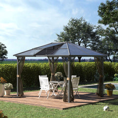 10' x 12' Hardtop Gazebo Canopy with Polycarbonate Roof, Aluminum Frame, Permanent Pavilion Outdoor Gazebo with Netting, for Patio, Garden, Backyard, Deck, Lawn, Gray, Brown