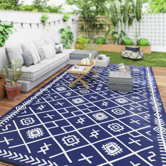 Reversible Outdoor Rug, Waterproof Plastic Straw with Carry Bag, 9' x 18', Blue & White Rhombus