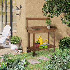 36'' Wooden Potting Bench Work Table with 2 Removable Wheels, Sink, Drawer & Large Storage Spaces, Brown