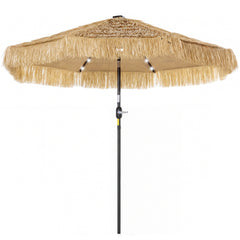 9 ft Hula Thatched Tiki Patio Umbrella with LED Solar Light, Outdoor Umbrella with Crank, Tilt, UPF30+, Khaki