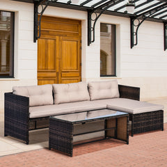 3 Piece Patio Furniture Set, Rattan Outdoor Sofa Set with Chaise Lounge & Loveseat, Soft Cushions, Tempered Glass Table, L-Shaped Sectional Couch, Beige